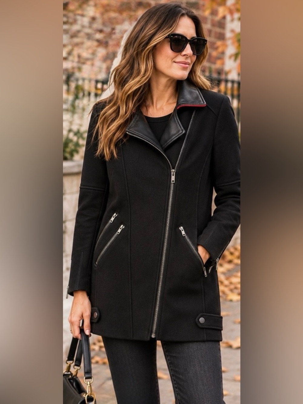 ASOS Black Moto Coat Genuine Leather Collar Red Trim Zip Jacket US 2